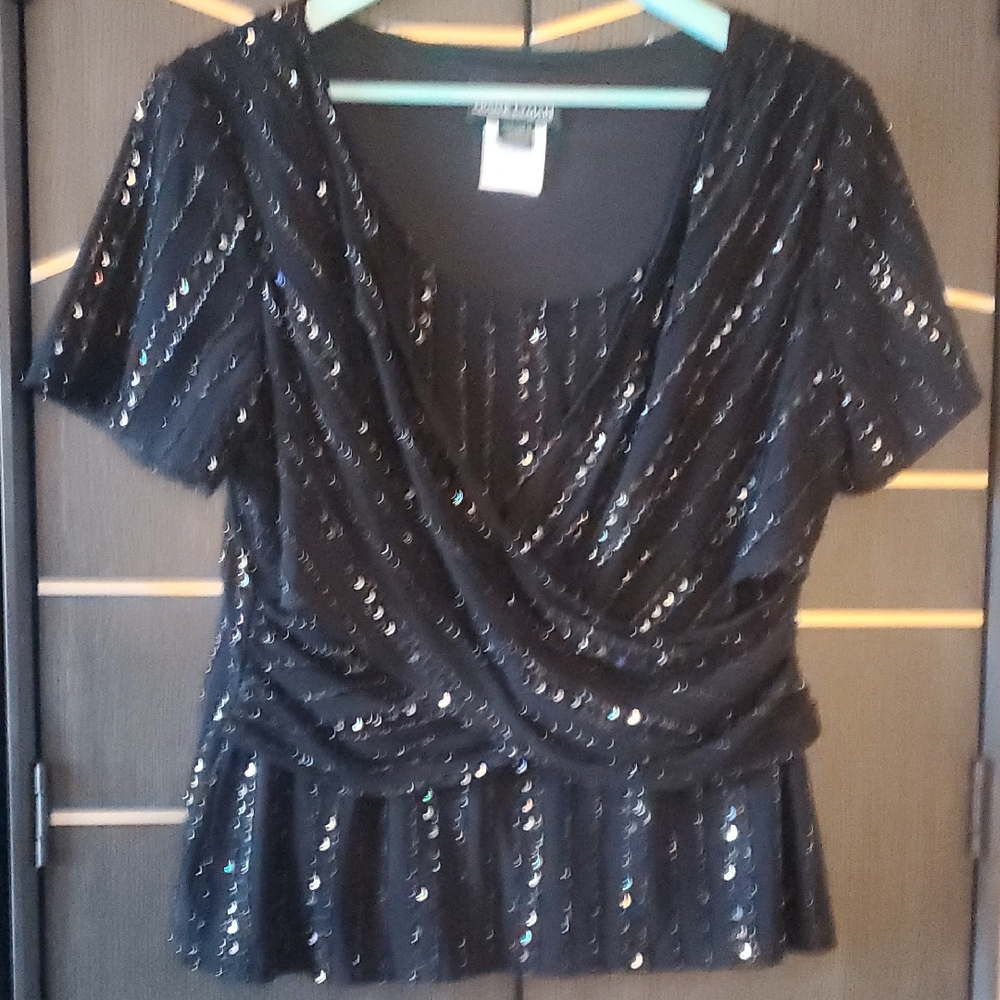 Frank Lyman Sequin Draped Black Women’s Top - Elegant Evening Wear Size 14